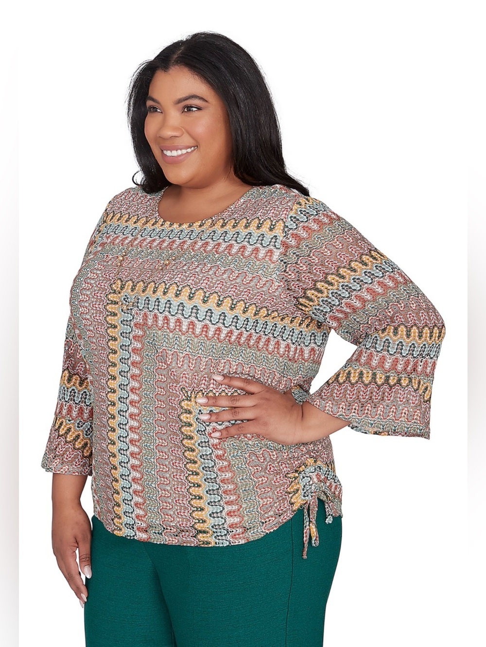 ALFRED DUNNER Plus Size Multicolor Zigzag Knit Tunic with Side Tie.